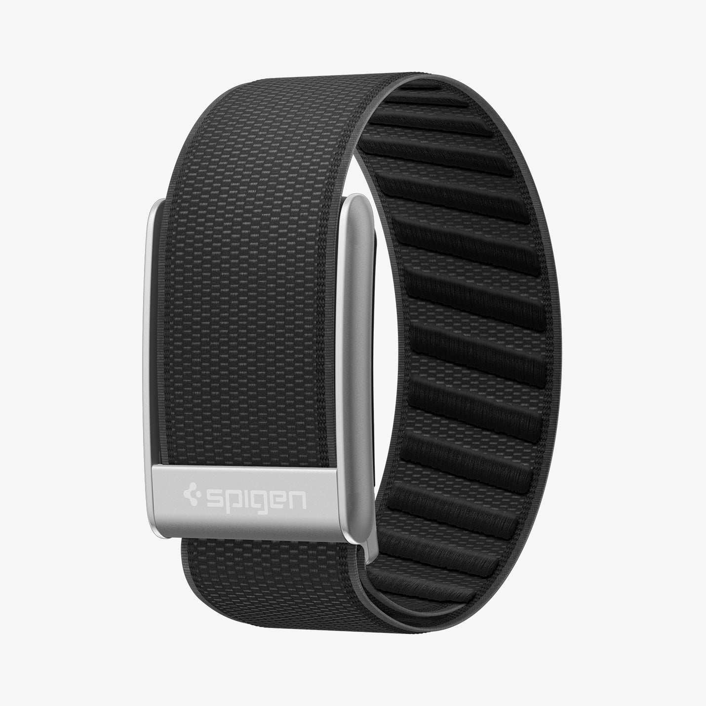 AMP10187 - WHOOP 5.0 fabric band black angled view showing Spigen metal clasp woven exterior texture and ribbed interior lining for comfort and secure fit