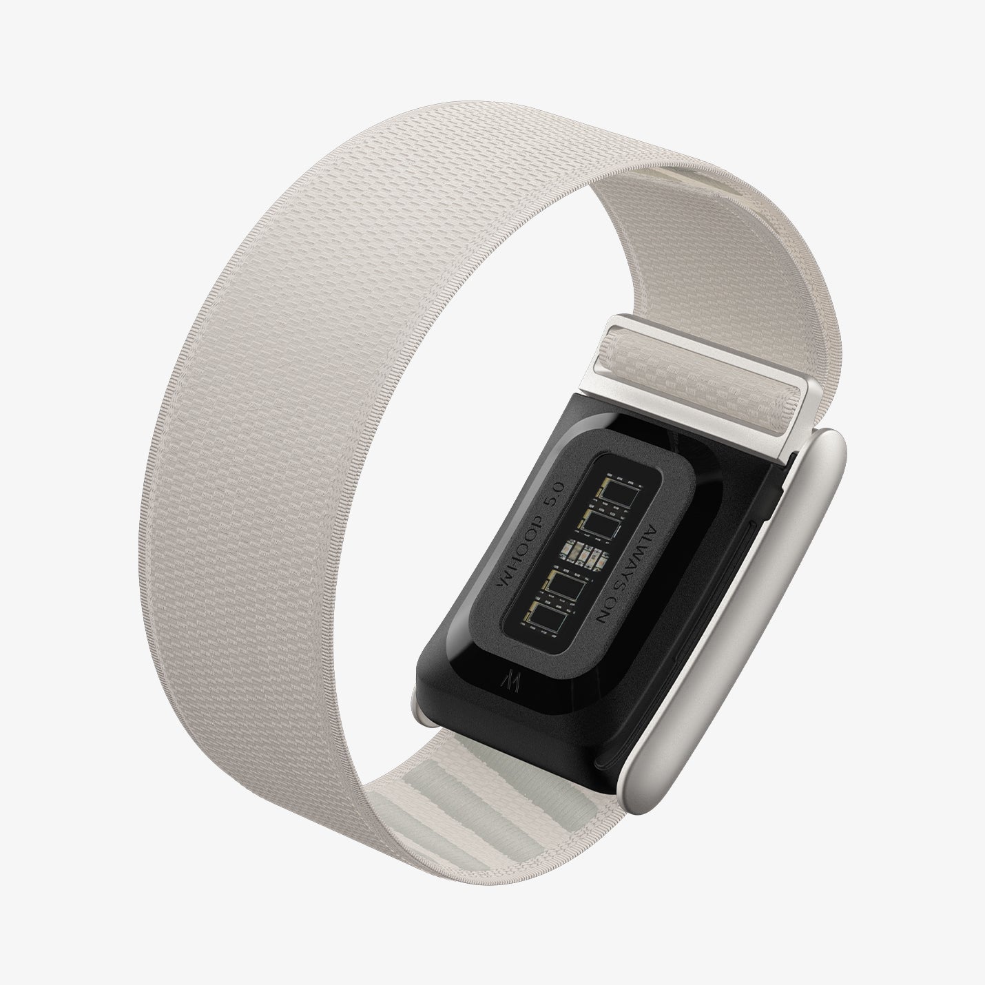 AMP10188 - WHOOP 5.0 fabric band starlight angled rear view showing integrated sensor module adjustable woven fabric strap and metal clasp