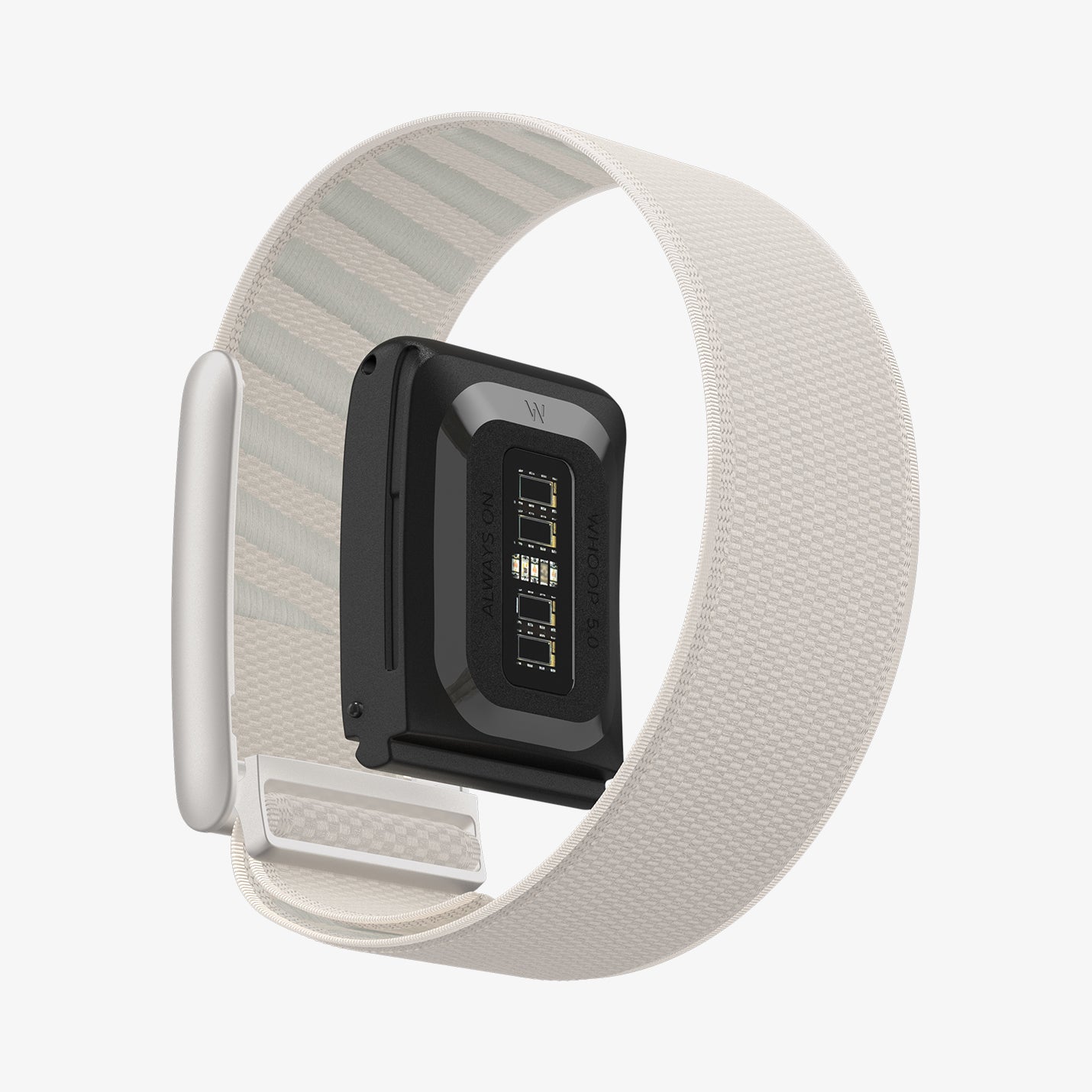 AMP10188 - WHOOP 5.0 fabric band starlight showing rear sensor view with adjustable woven nylon strap and metal buckle
