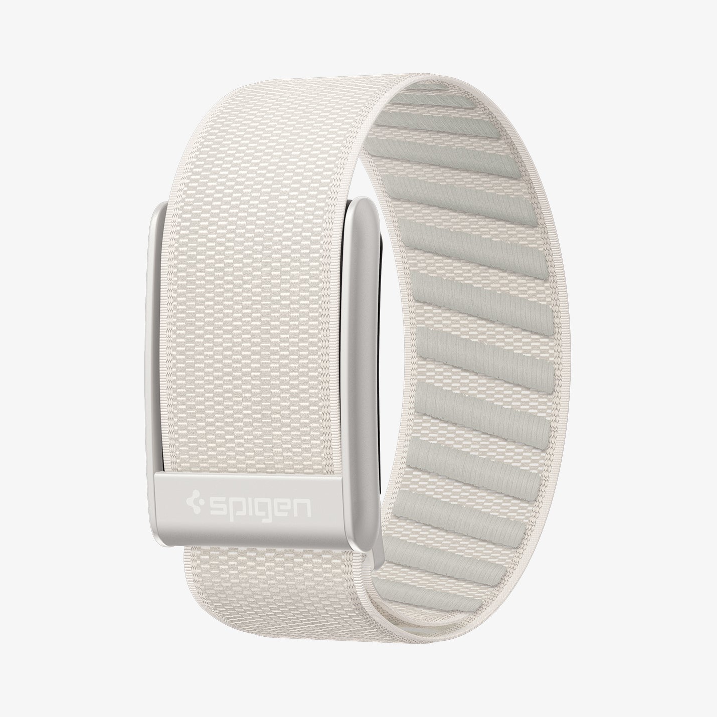 AMP10188 - WHOOP 5.0 fabric band starlight angled view showing Spigen metal clasp woven exterior texture and ribbed interior lining for comfort and secure fit