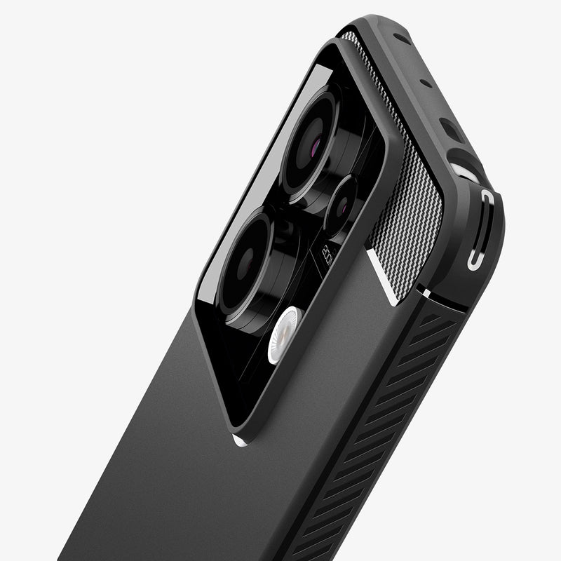 ACS07254 - Redmi Note 13 Pro 5G Case Rugged Armor in Matte Black showing the partial back, top and side with camera lens zoomed in