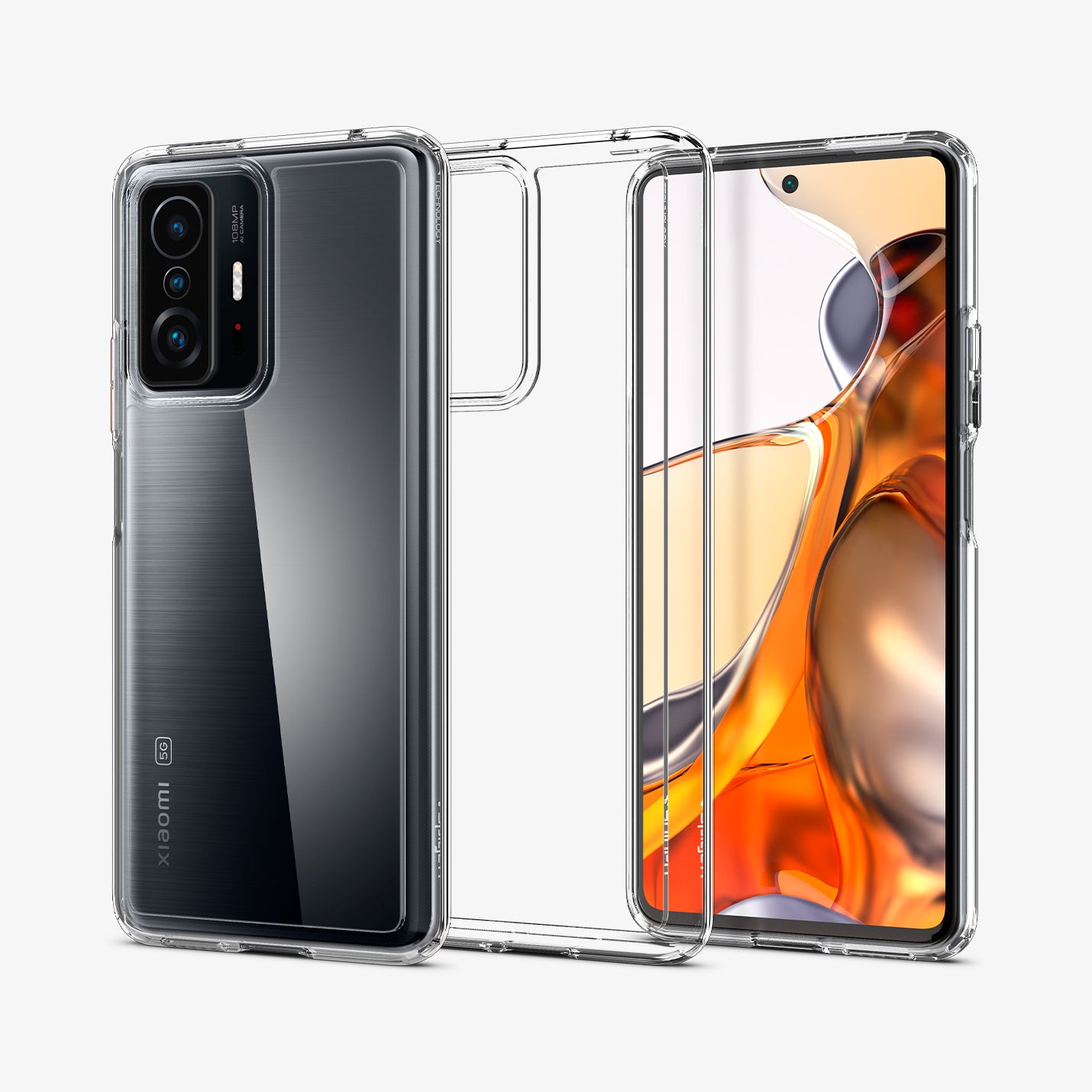 ACS03862 - Xiaomi 11T Ultra Hybrid Case in Crystal Clear showing the back, back of transparent case, and the front paralleled with each other