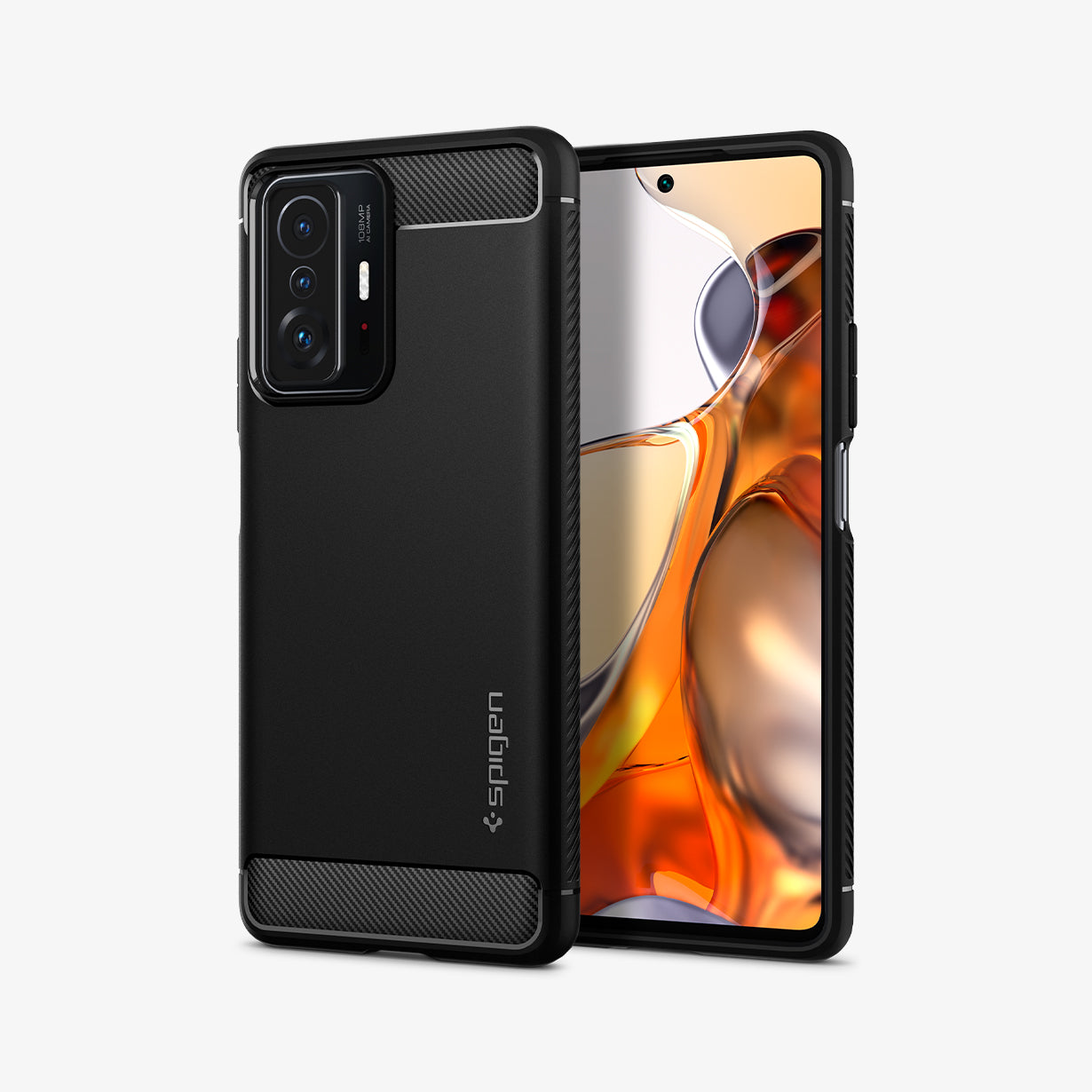 ACS03861 - Xiaomi 11T Pro Rugged Armor Case in Matte Black showing the back and front side by side