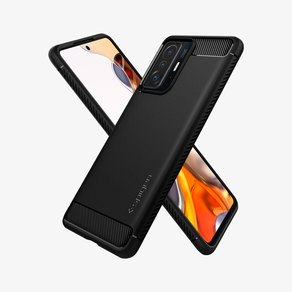 ACS03861 - Xiaomi 11T Pro Rugged Armor Case in Matte Black showing the back, partial side, next to it showing partial front and partial side