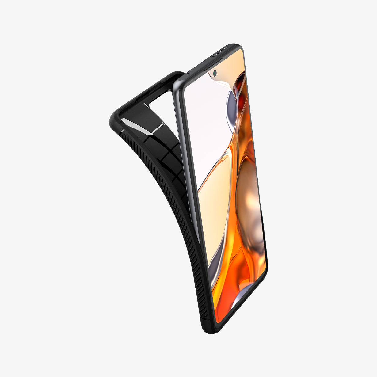 ACS03861 - Xiaomi 11T Pro Rugged Armor Case in Matte Black showing the front of device, partial side with the case partially peeled from behind showing partial inner case