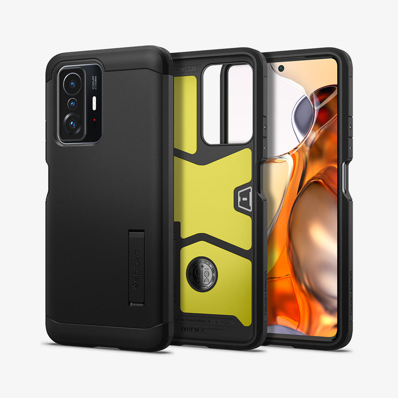 ACS03863 - Xiaomi 11T Pro Tough Armor Case in Black showing the back, inner case, front and partial sides paralleled with each other