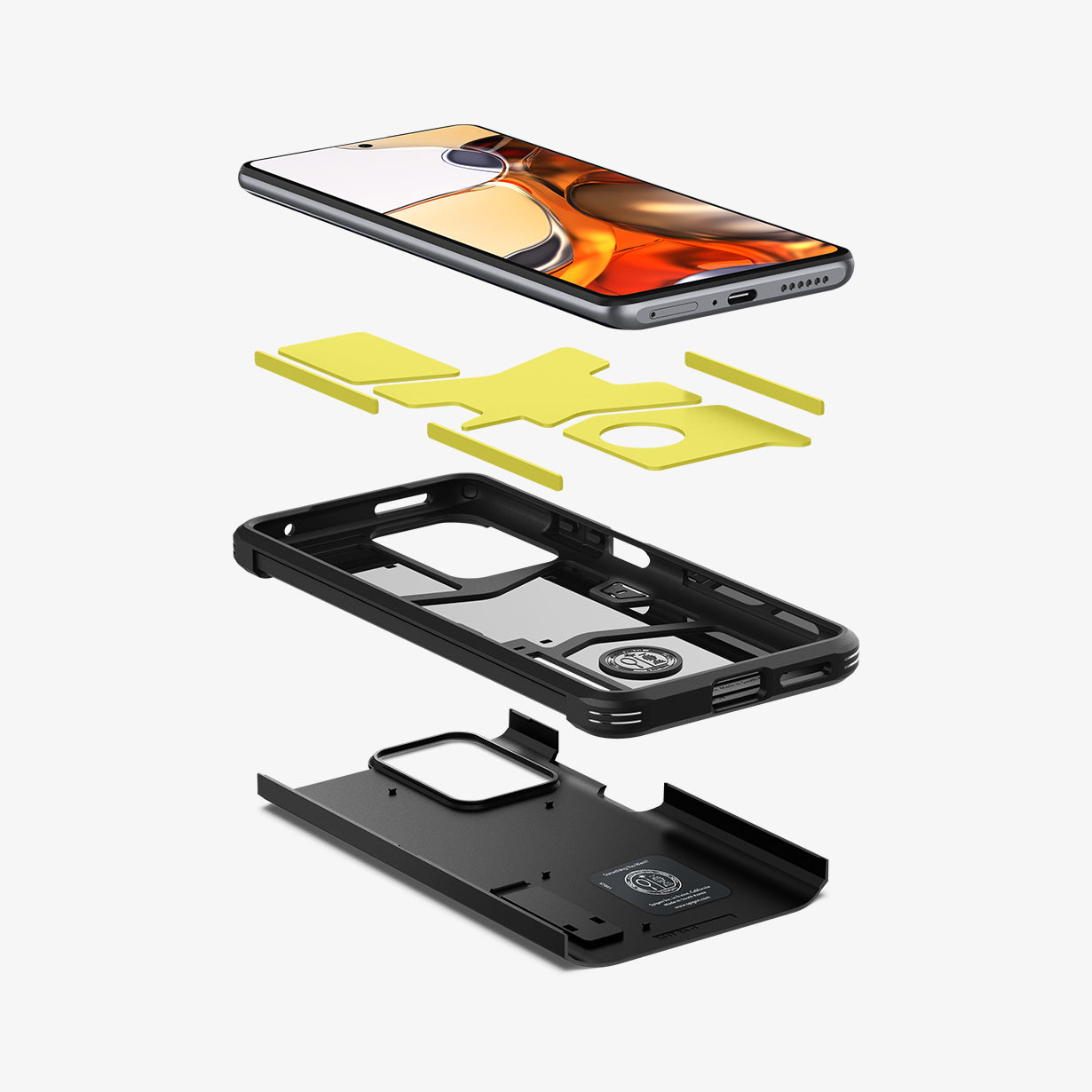 ACS03863 - Xiaomi 11T Pro Tough Armor Case in Black showing the front of device hovering below the impact foam, and back of 2 layered cases