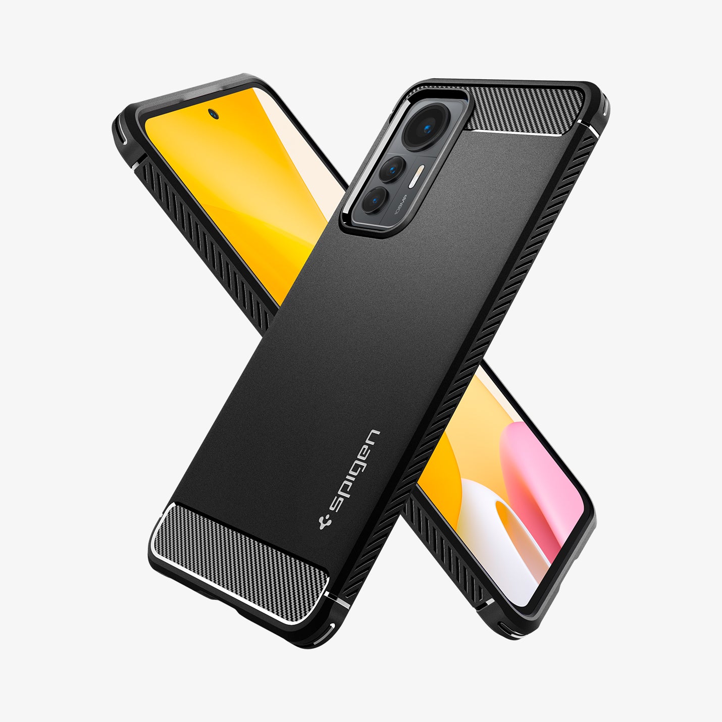 ACS04556 - Xiaomi 12 Lite Rugged Armor Case in Matte Black showing the back, partial side, next to it showing partial front and partial side