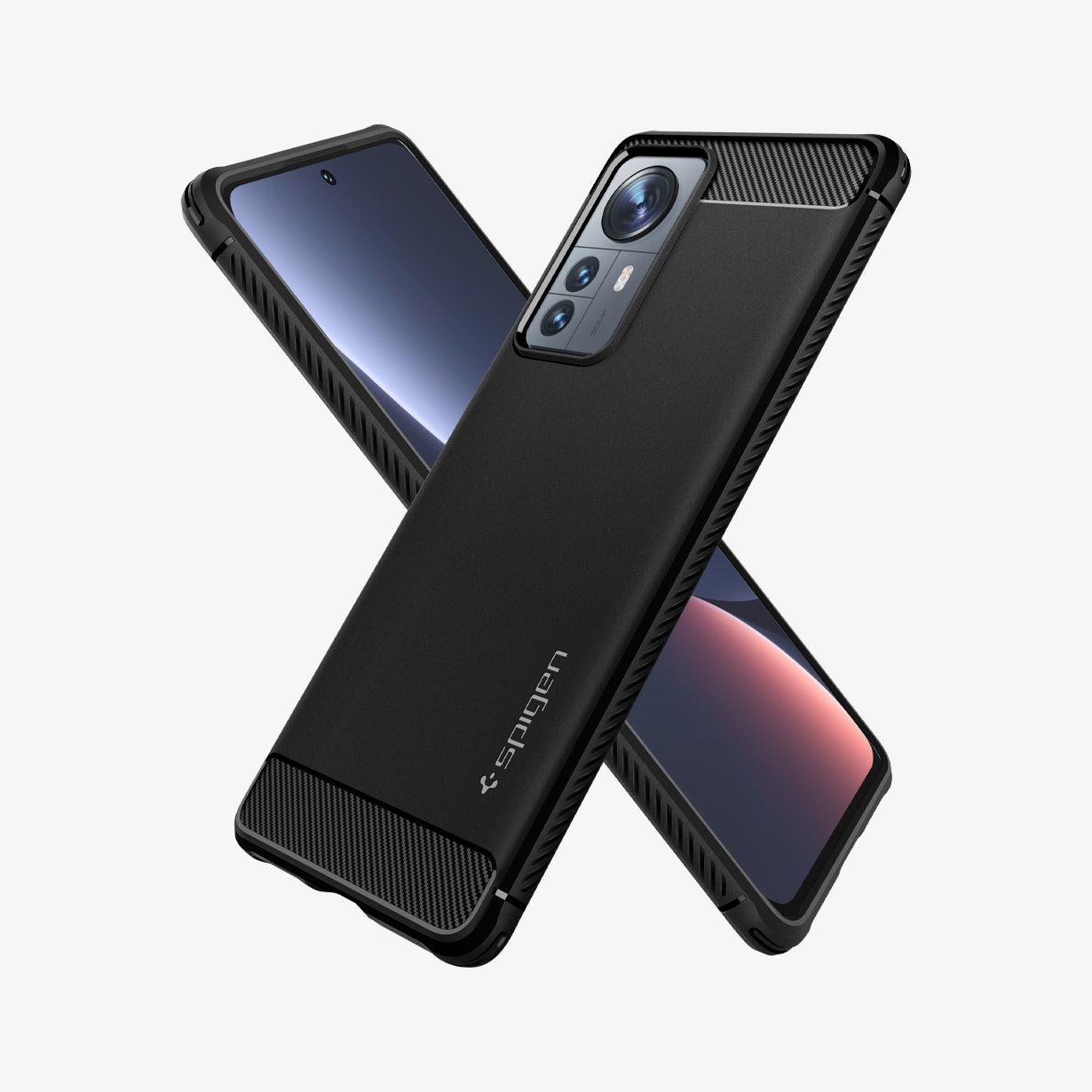 ACS04361 - Xiaomi 12 Pro Rugged Armor Case in Matte Black showing the back, partial side, next to it showing partial front and partial side