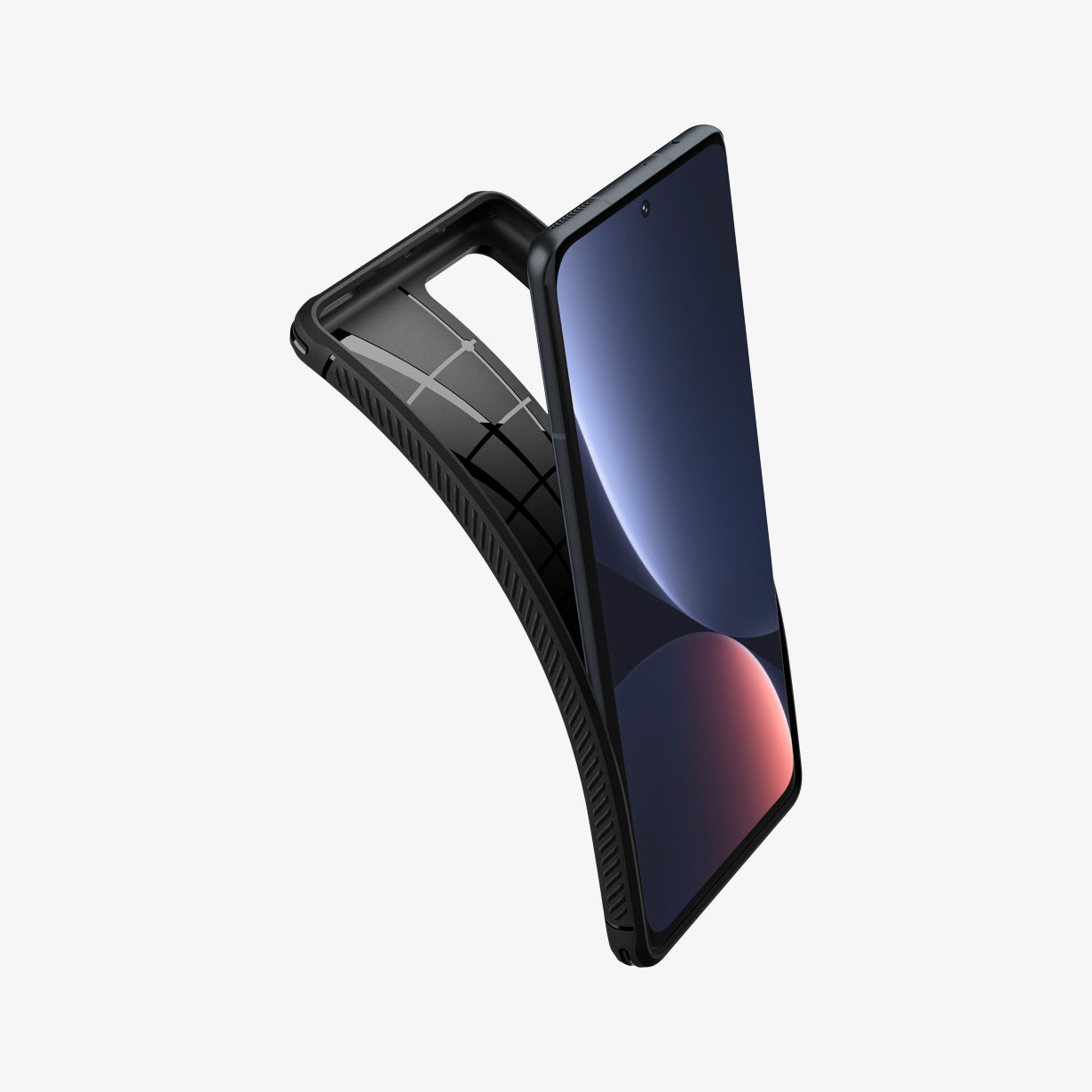 ACS04361 - Xiaomi 12 Pro Rugged Armor Case in Matte Black showing the front of device, partial side with the case partially peeled from behind showing partial inner case