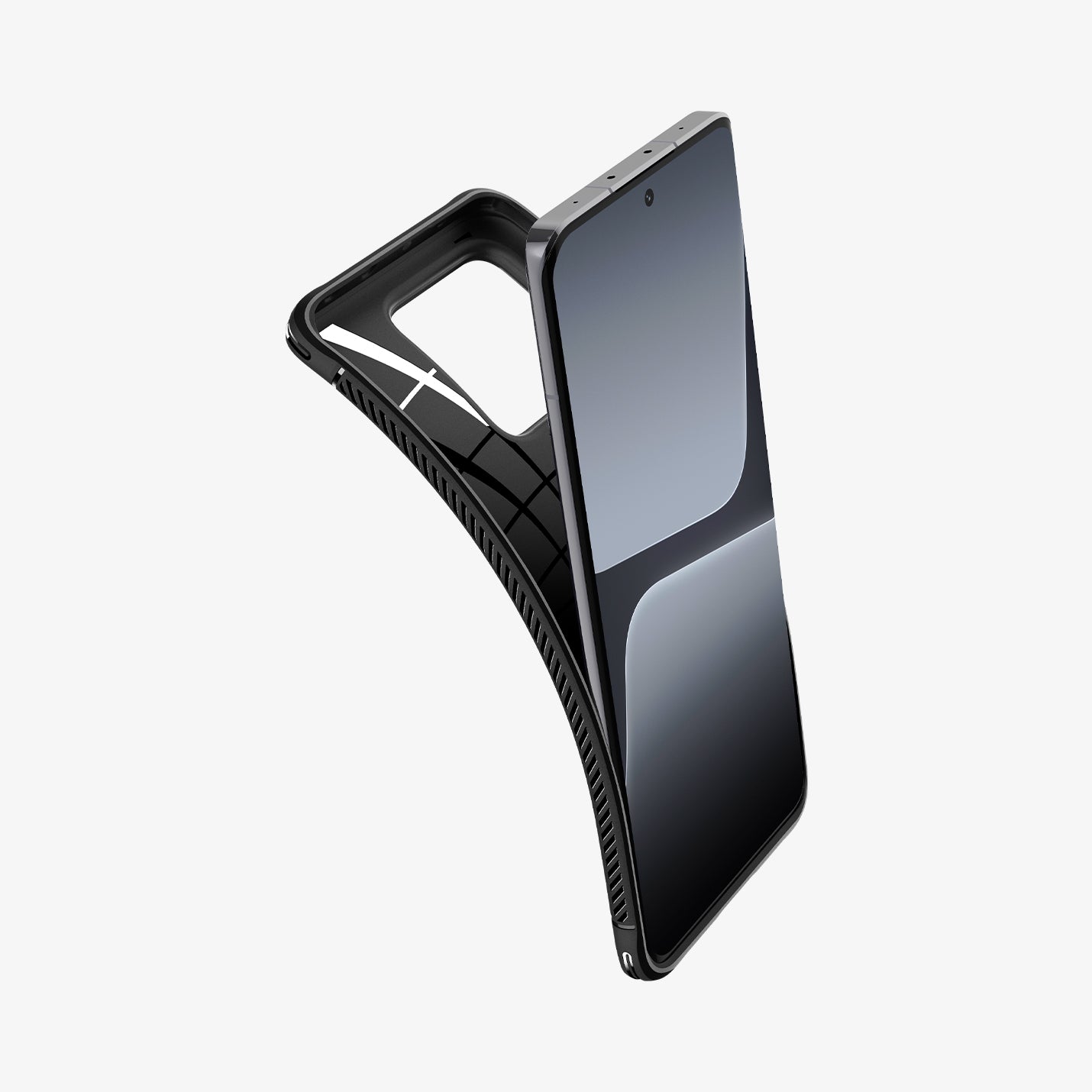 ACS05325 - Xiaomi 13 Pro Rugged Armor Case in Matte Black showing the front of device, partial side with the case partially peeled from behind showing partial inner case