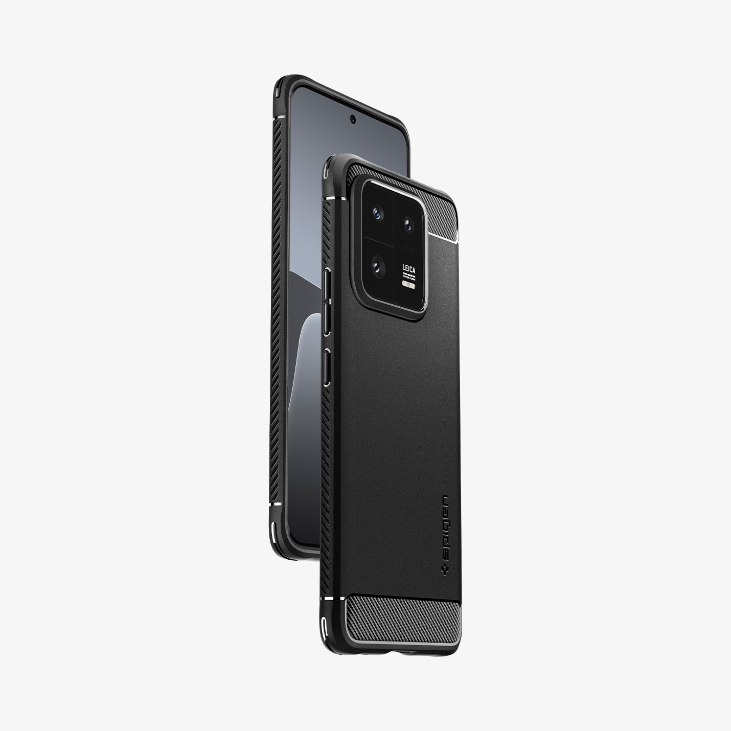 ACS05325 - Xiaomi 13 Pro Rugged Armor Case in Matte Black showing the back, partial side, hovering behind a device showing partial front and side