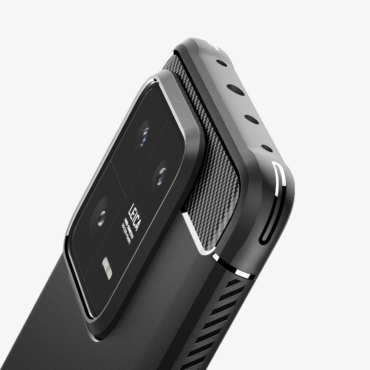 ACS05325 - Xiaomi 13 Pro Rugged Armor Case in Matte Black showing the partial back and sides half body focusing on the camera lens zoomed in 