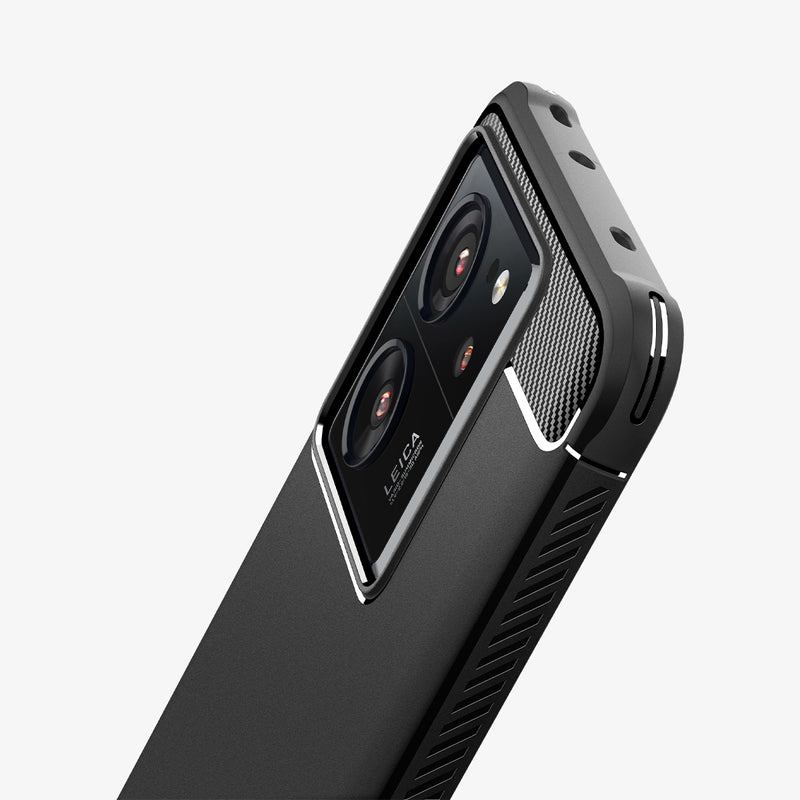 ACS07502 - Xiaomi 13T Pro Rugged Armor Case in Matte Black showing the partial back and sides half body focusing on the camera lens zoomed in