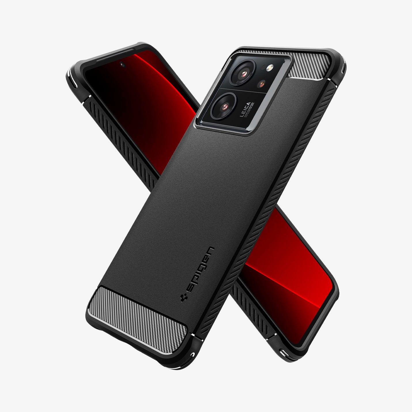 ACS07502 - Xiaomi 13T Pro Rugged Armor Case in Matte Black showing the back, partial side, next to it showing partial front and partial side