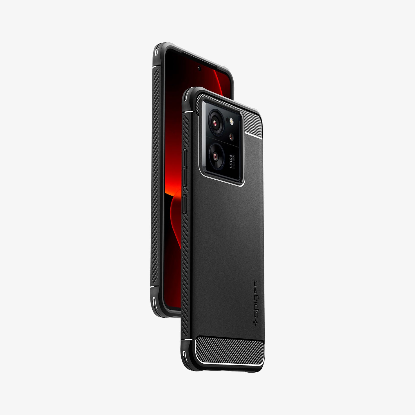 ACS07502 - Xiaomi 13T Pro Rugged Armor Case in Matte Black showing the back, partial side, hovering behind, a device showing partial front and side
