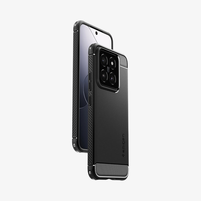 ACS07422 - Xiaomi 14 Case Rugged Armor in Matte Black showing the partial front hovering in front of another device showing back