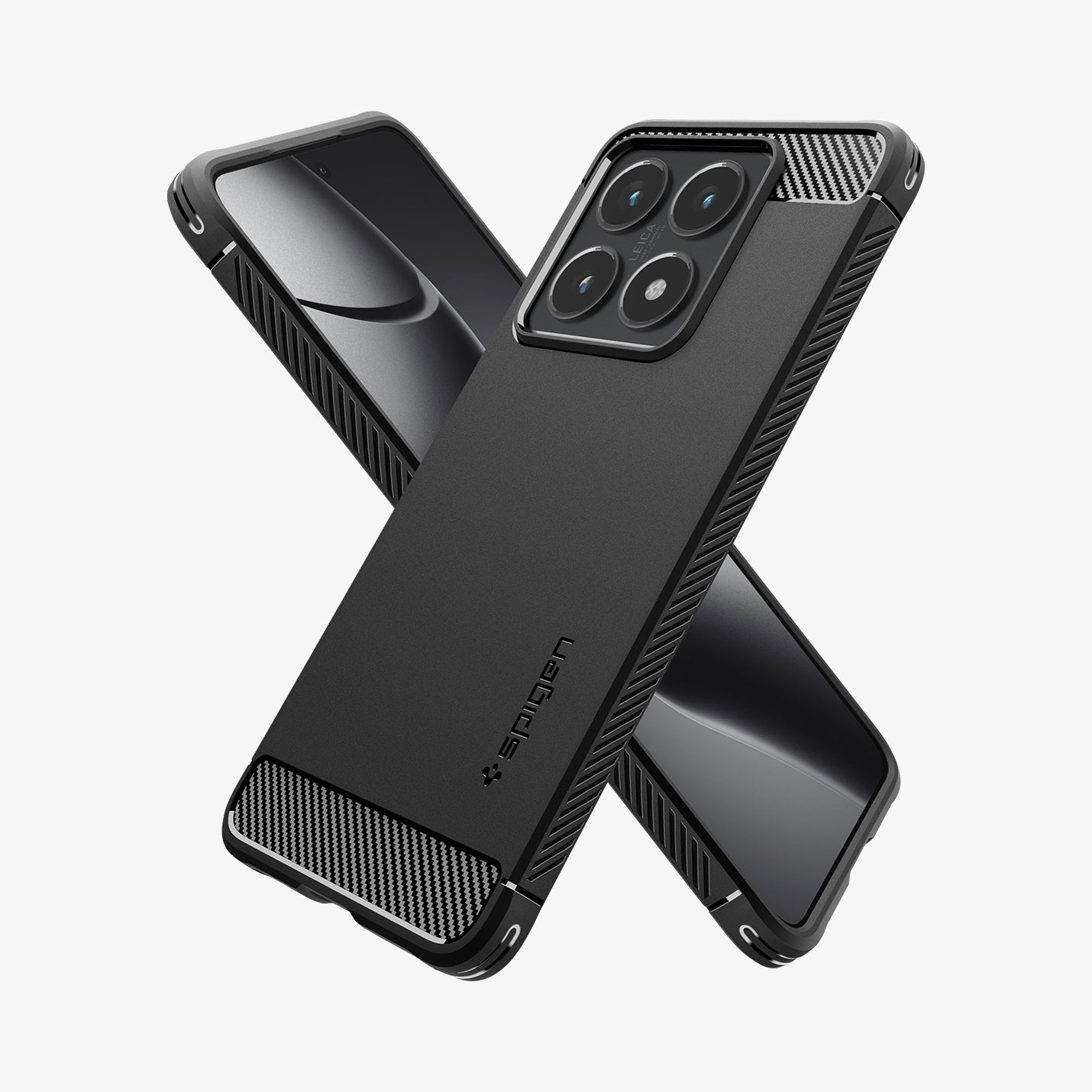 ACS08857 - Xiaomi 14T Case Rugged Armor in Matte Black showing the back, partial side. Behind it, showing partial front and side