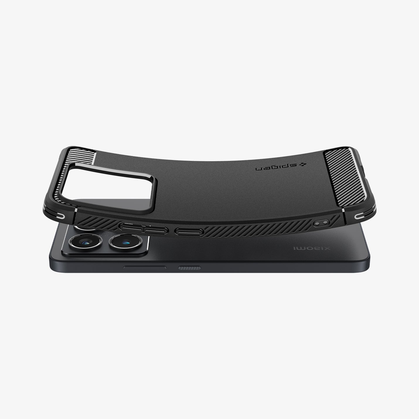 ACS08857 - Xiaomi 14T Case Rugged Armor in Matte Black showing the back, partially bent while hovering above the device