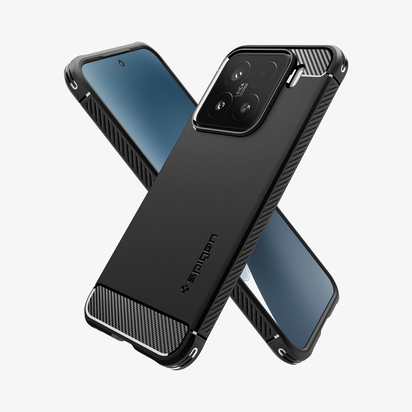 ACS08859 - Xiaomi 15 Case Rugged Armor in Matte Black showing the 
back, partial side. Behind it, showing partial front and side