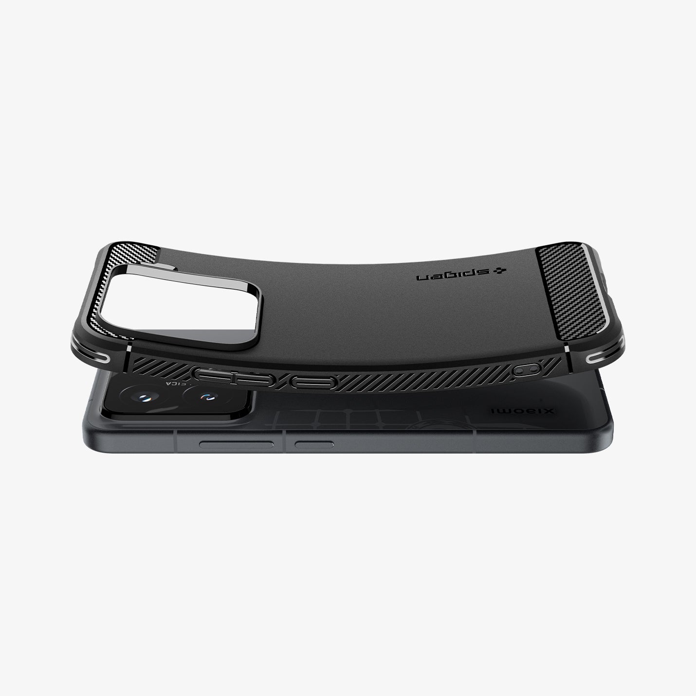 ACS08859 - Xiaomi 15 Case Rugged Armor in Matte Black showing the 
the back, partially bent while hovering above the device