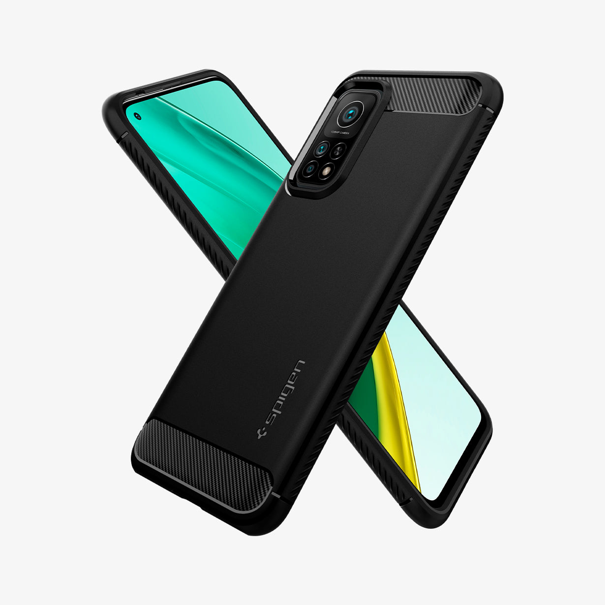 ACS02161  - Xiaomi Mi 10T Pro Case Rugged Armor in  Matte Black showing the back, partial side beside it, partial front and side
