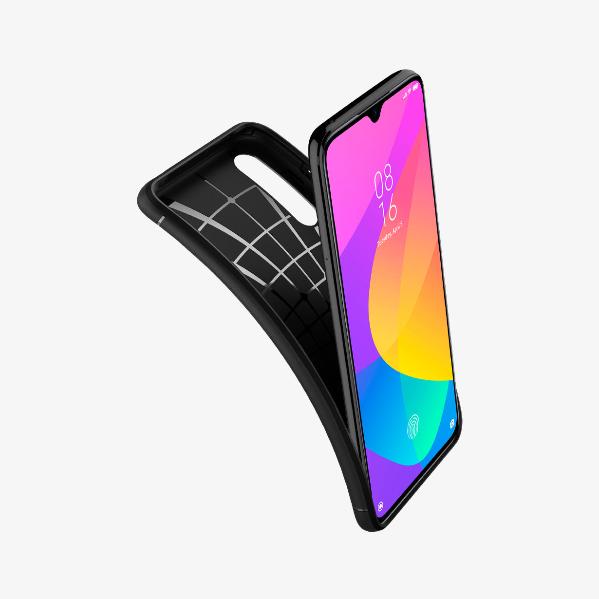 S52CS26400  - Xiaomi Mi 9 Lite Case Rugged Armor in  Matte Black showing the front of a device with tpu soft back case partially peeling from behind