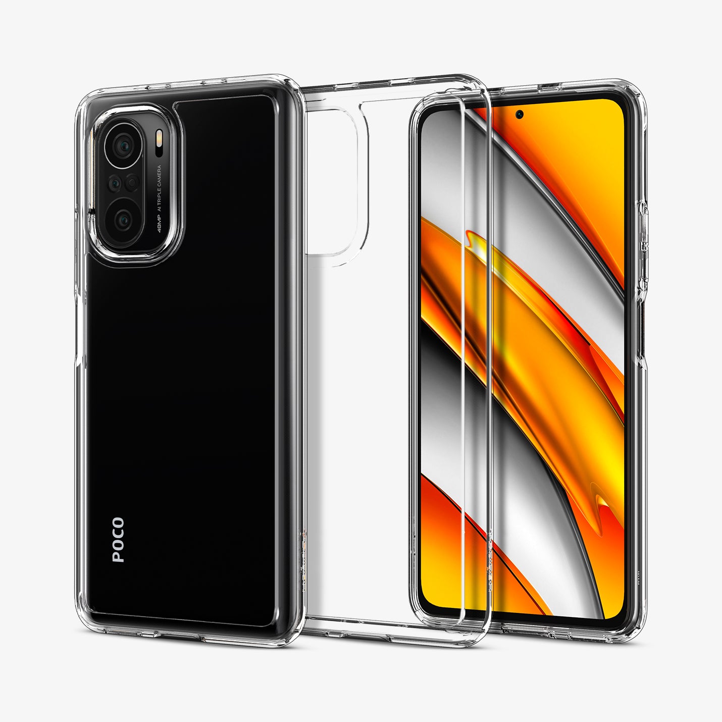 ACS03142 - Xiaomi POCO F3 Ultra Hybrid Case in Crystal Clear showing the back, back of transparent case, and the front paralleled with each other