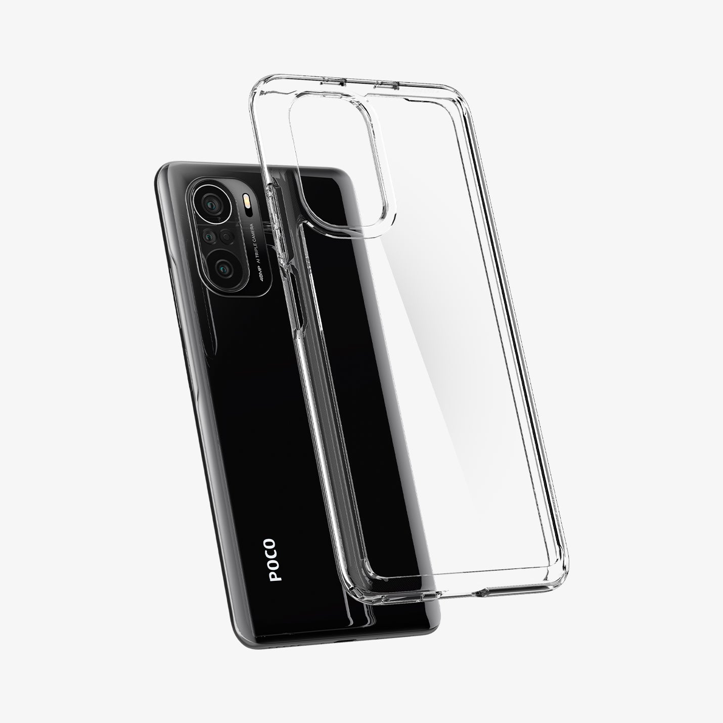 ACS03142 - Xiaomi POCO F3 Ultra Hybrid Case in Crystal Clear showing the back of transparent case hovering above the device