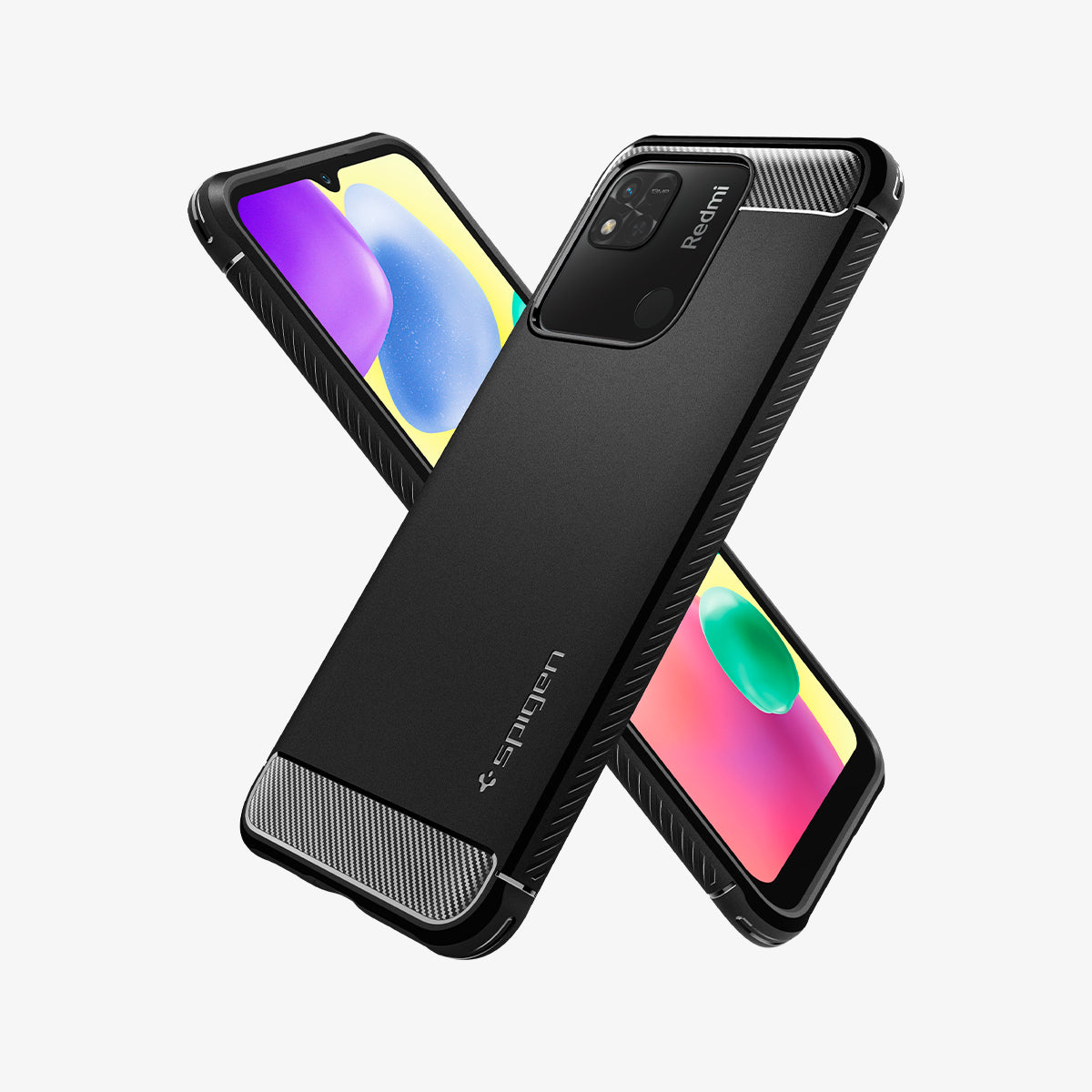 ACS04540 - Xiaomi Redmi 10A Sport Case Rugged Armor in Matte Black showing the back, partial side, next to it showing partial front and partial side