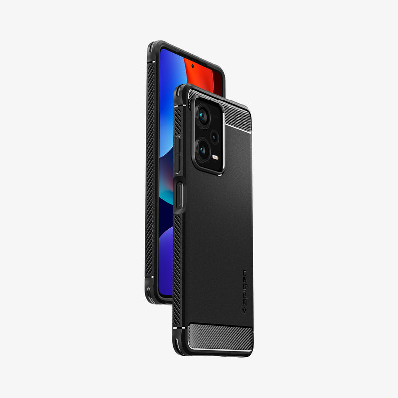 ACS05789 - Xiaomi Redmi Note 12 Pro+ 5G Rugged Armor Case in Matte Black showing the back and front hovering above and partial sides