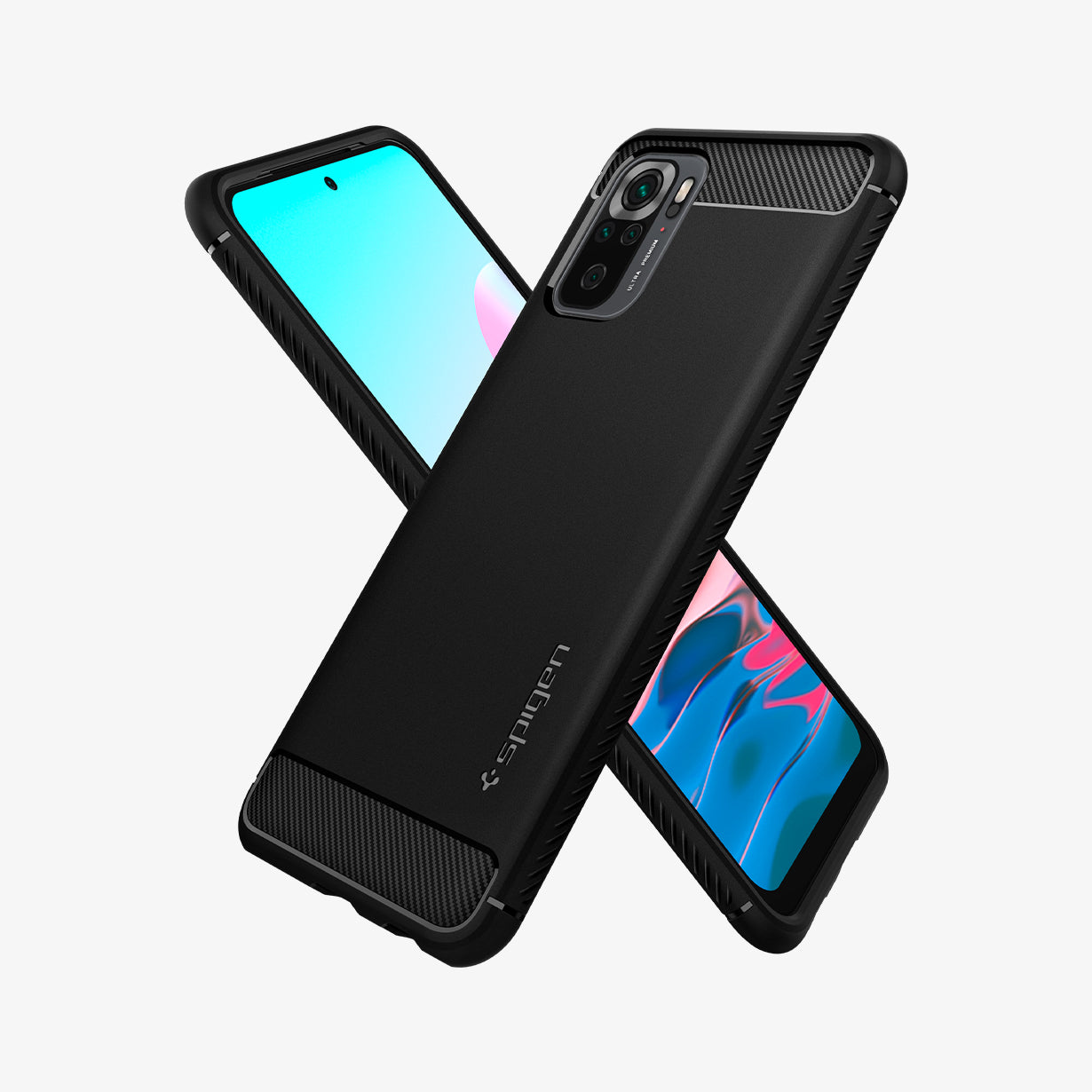 ACS02063 - Xiaomi Redmi Note 10 Case Rugged Armor in Matte Black showing the back, partial side, next to it showing partial front and partial side