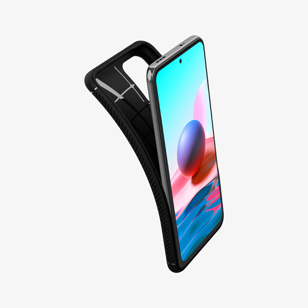 ACS02063 - Xiaomi Redmi Note 10 Case Rugged Armor in Matte Black showing the front of device, partial side with the case partially peeled from behind showing partial inner case