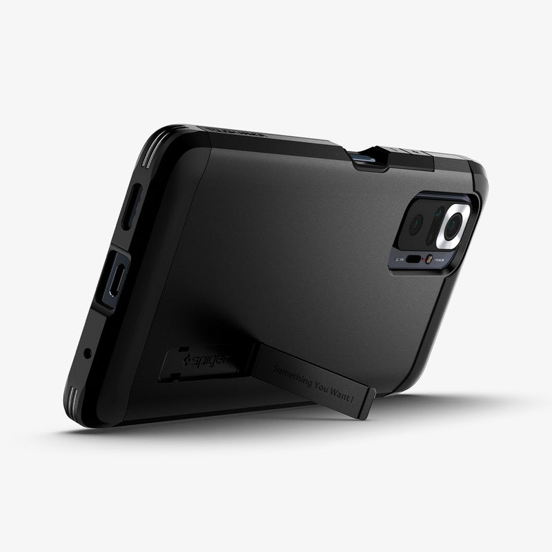 ACS02846 - Xiaomi Redmi 10 Pro Tough Armor Case in Black showing the back and partial side with the propped up built-in kickstand 