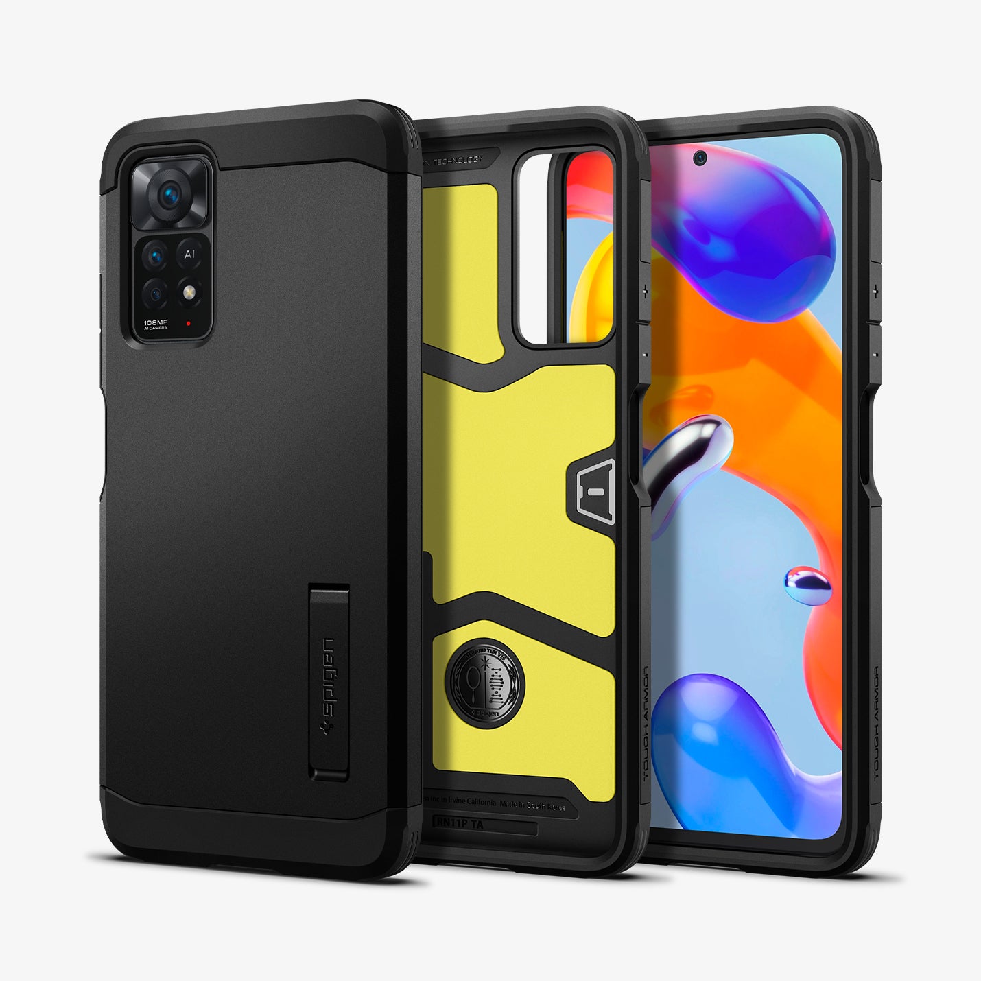ACS04416 - Redmi Note 12 Pro Case Tough Armor in Black showing the back, inner case in the middle and another device showing front aligned together