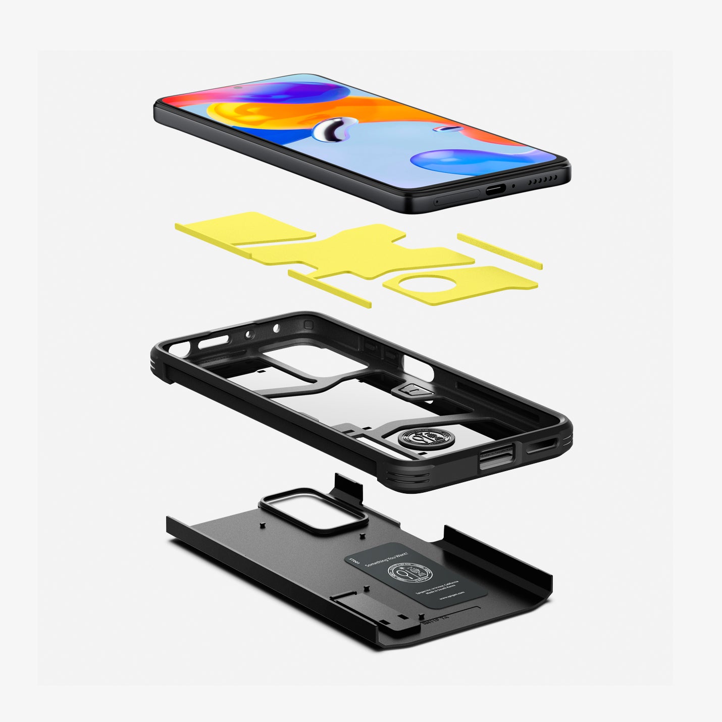 ACS04416 - Redmi Note 12 Pro Case Tough Armor in Black showing the front of a device hovering above an impact foam detached from a tpu frame and hard back layer 