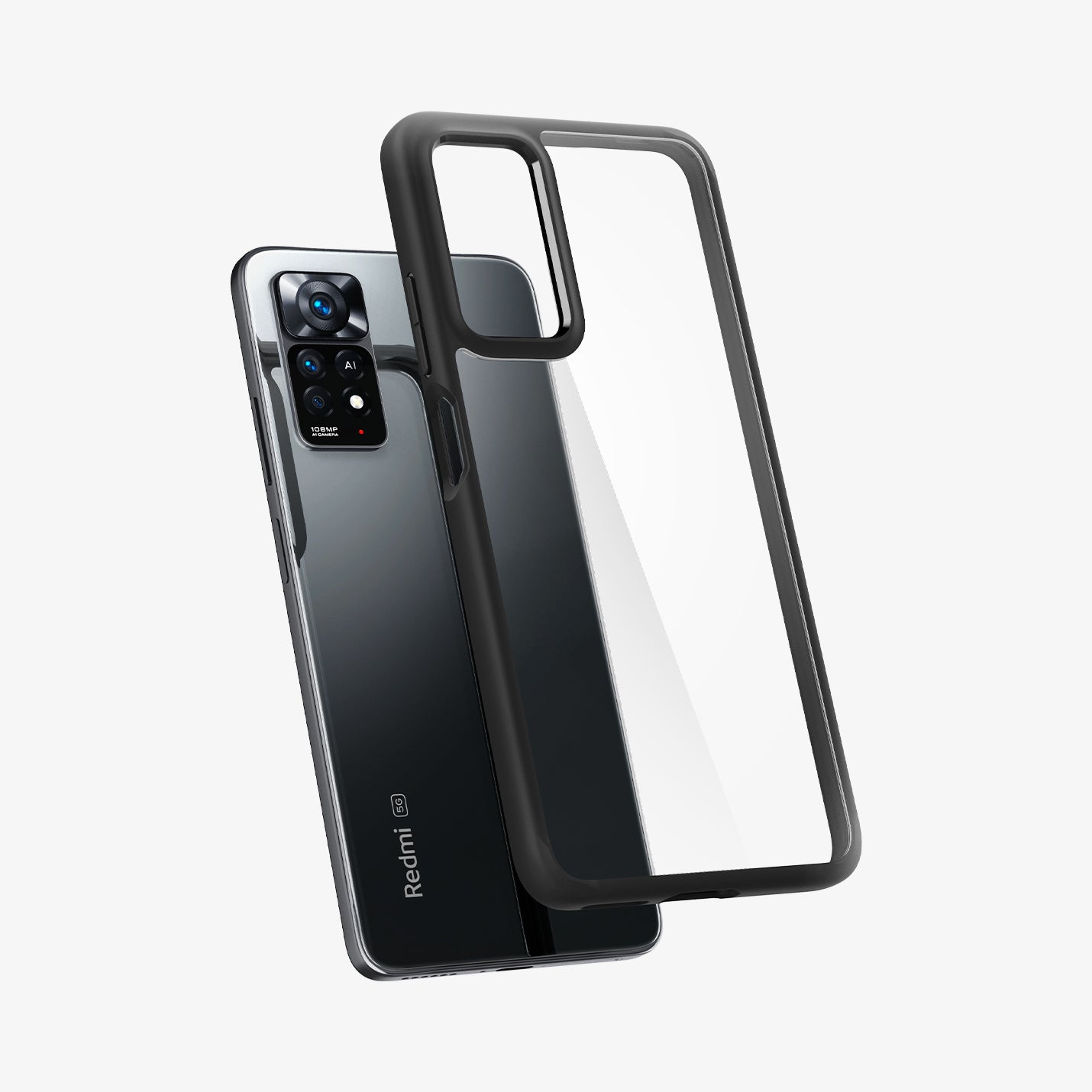 ACS04415 - Redmi Note 12 Pro Case Ultra Hybrid in Matte Black showing the back of a clear tpu with darker frame case hovering above the device