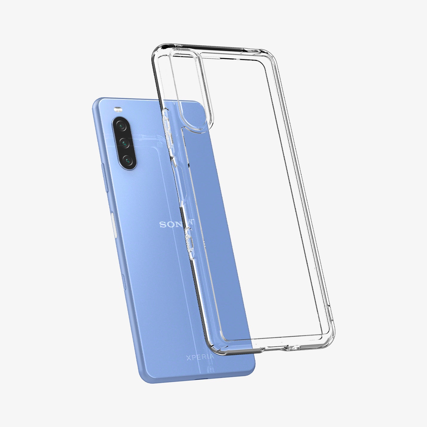 ACS03130 - Sony Xperia 10 III Case Ultra Hybrid in crystal clear showing the back with case hovering away from the device