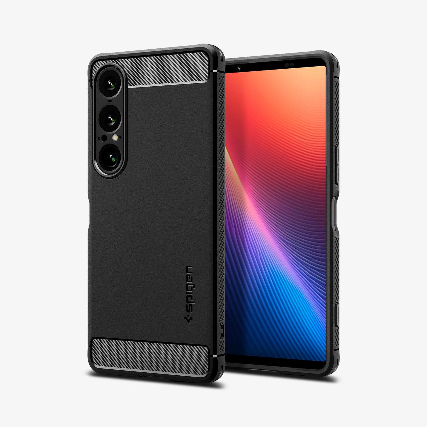 ACS09591 - Sony Xperia 10 VII Case Rugged Armor in Matte Black showing the back, partial front and sides
