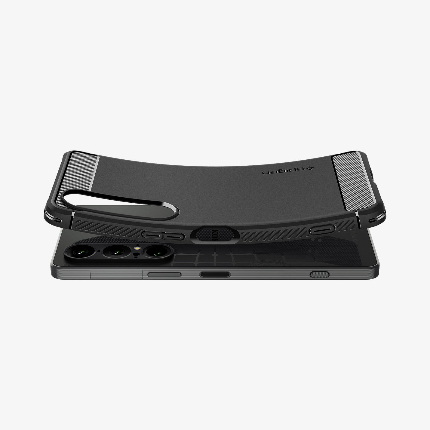 ACS09591 - Sony Xperia 10 VII Case Rugged Armor in Matte Black showing the back hovering above the device slightly bent upward