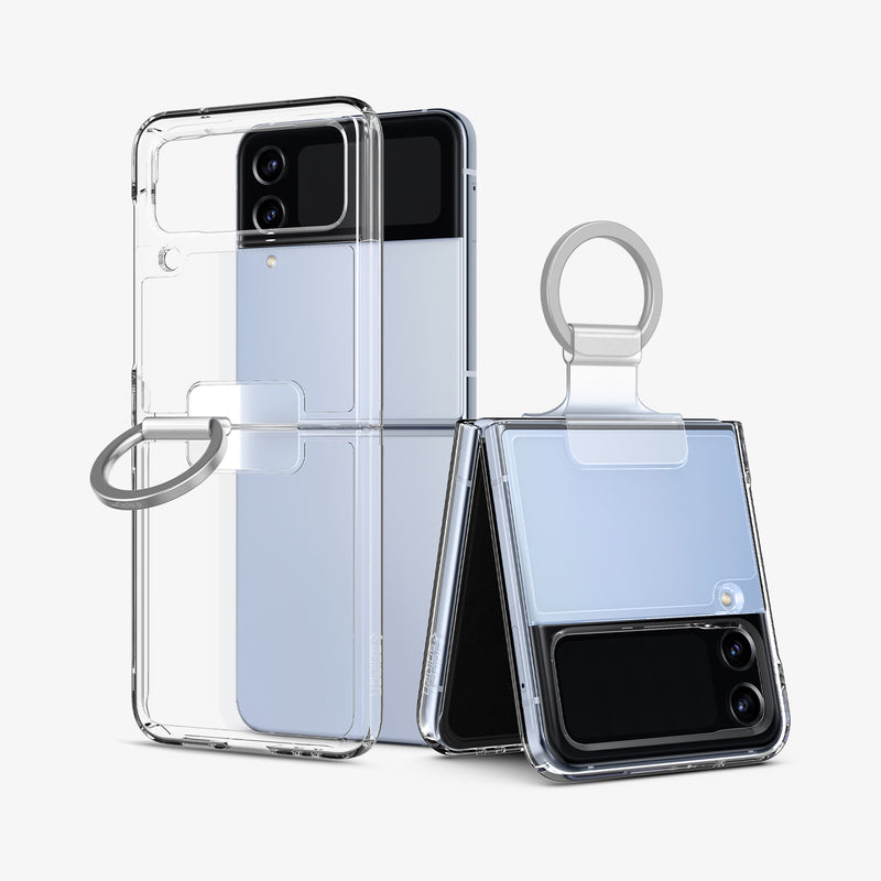 ACS05115 - Galaxy Z Flip 4 Case Thin Fit Ring My Sketch in crystal clear showing the case hovering in front of device flat and a second device with device slightly open showing the back and ring extended out