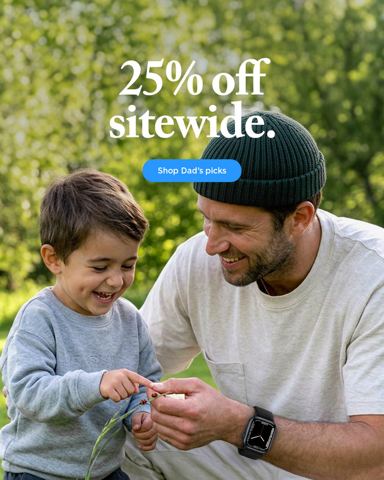 Father and young child playing outdoors in a park with 25% off sitewide promotional banner