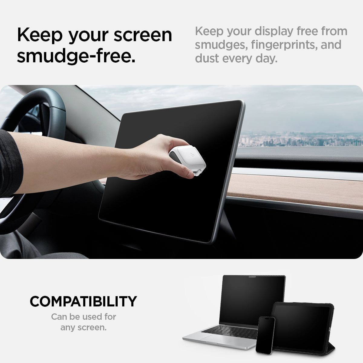 ACP10510 - CC90 Car Screen Cleaner in white showing keep your screen smudge free. keep your display free from smudges, fingerprints, and dust everyday. Compatibility. can be used for any screen