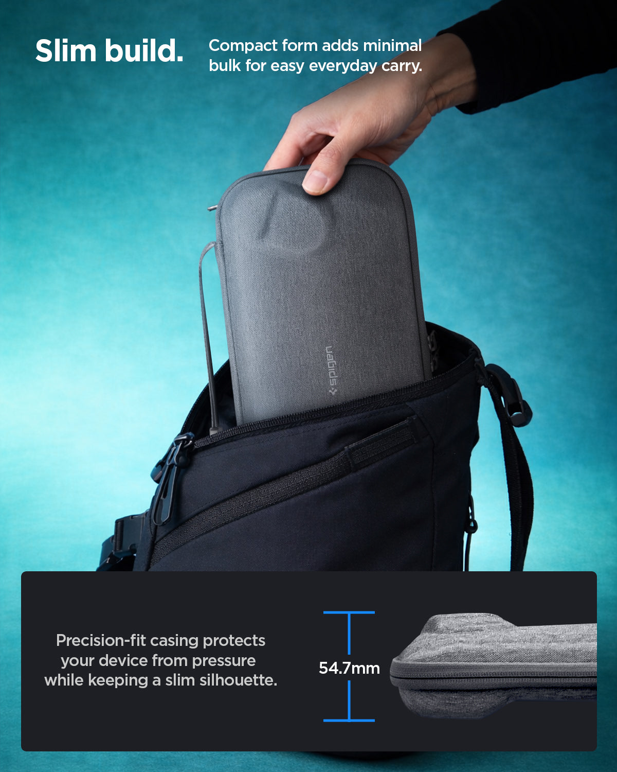 AGP09835 - Klasden Gaming Pouch 7 inch in Charcoal Gray showing slim build. Compact from adds minimal bulk for easy everyday carry.