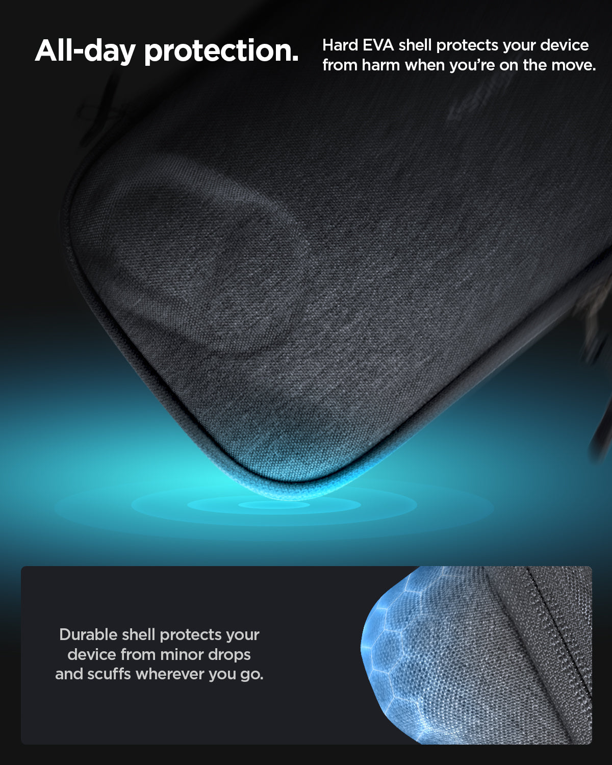 AGP09835 - Klasden Gaming Pouch 7 inch in Charcoal Gray showing all-day protection. Hard EVA shell protects your device from harm when you're on the move.