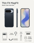 ACS09700 - Pixel 10, Pixel 10 Pro Thin Fit (MagFit) in Metal Slate showing the quick case overview. Lifted edge protection, MagFit compatible, Aircushion technology, slim design, tactile buttons and wireless charging compatible