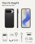 ACS09722 - Pixel 10 Pro XL Thin Fit (MagFit) in black showing the quick case overview. Lifted edge protection, MagFit compatible, Aircushion technology, slim design, tactile buttons and wireless charging compatible