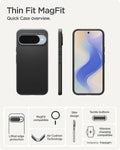 ACS09699 - Pixel 10, Pixel 10 Pro Thin Fit (MagFit) in Metal Slate showing the quick case overview. Lifted edge protection, MagFit compatible, Aircushion technology, slim design, tactile buttons and wireless charging compatible