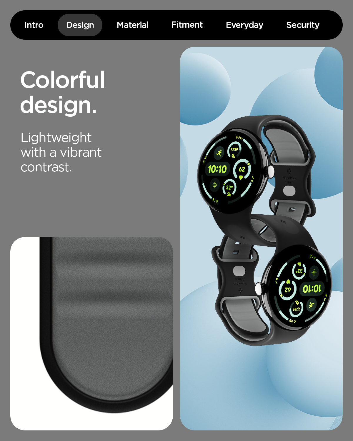 AMP09486 - Pixel Watch 4 (41mm) Nano Pop in Black Sesame showing the colorful design. Lightweight with a vibrant contrast.