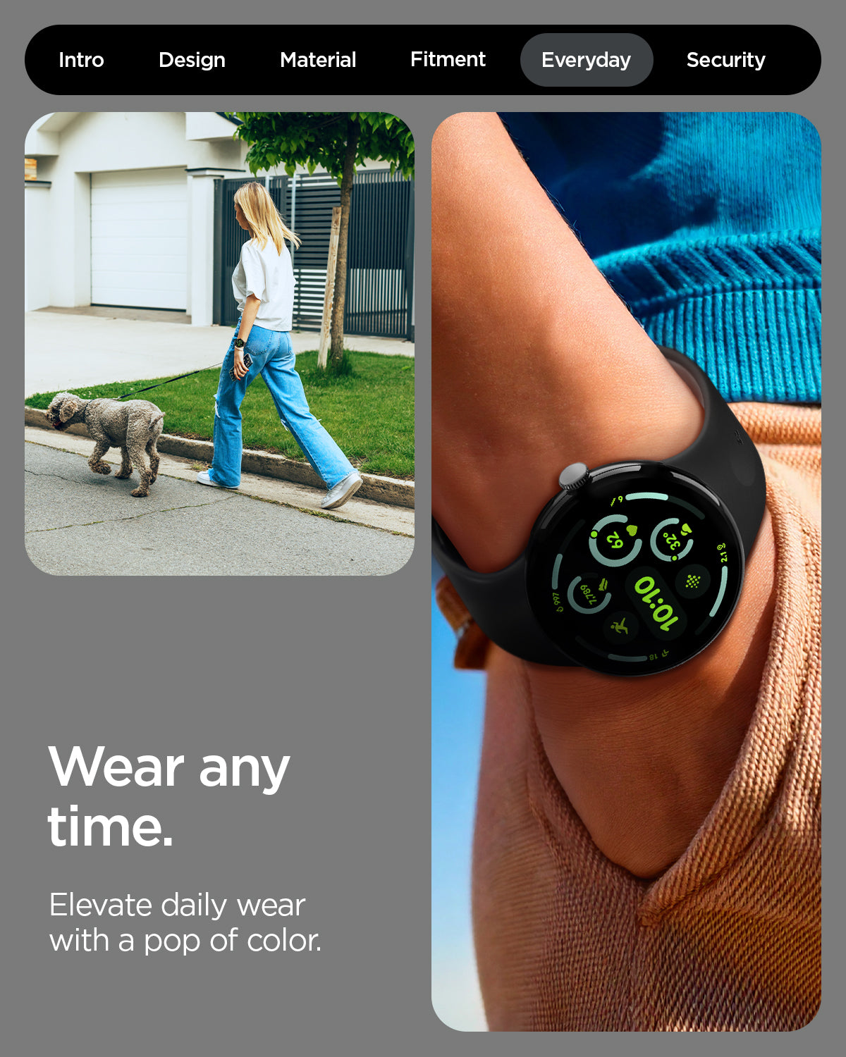 AMP09486 - Pixel Watch 4 (41mm) Nano Pop in Black Sesame showing wear any time. Elevate your daily wear with a pop of color